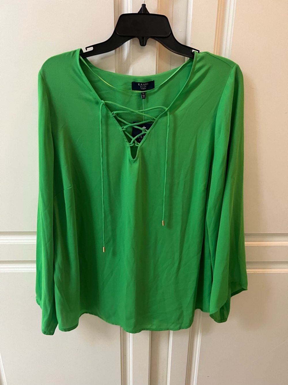NWT. Kaari Blue Bright Green Lace-Up V-Neck Blouse